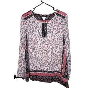 J. Jill Womens sz M White Floral Blouse Long Sleeve Keyhole Boho Flowy Career